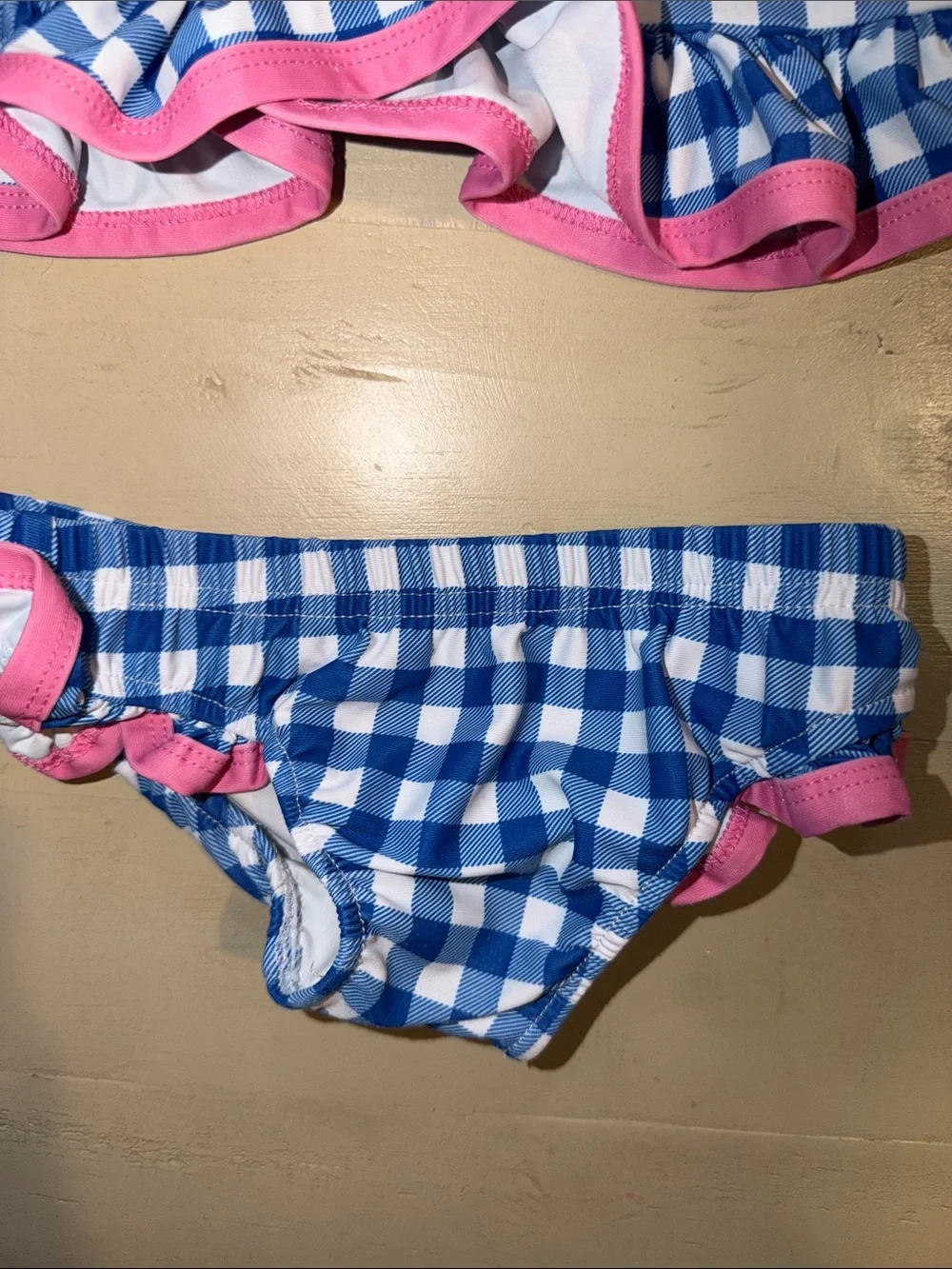 Blue Gingham Long-Sleeve Rash Guard Set with Pink Trim - Kids Swim